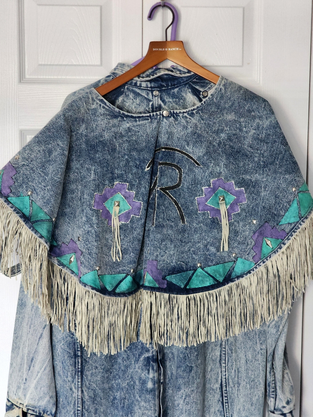 Vintage TRAIL DUSTER Denim Leather Fringe with Teal  Purple Accents 25" PTP - Picture 15 of 16